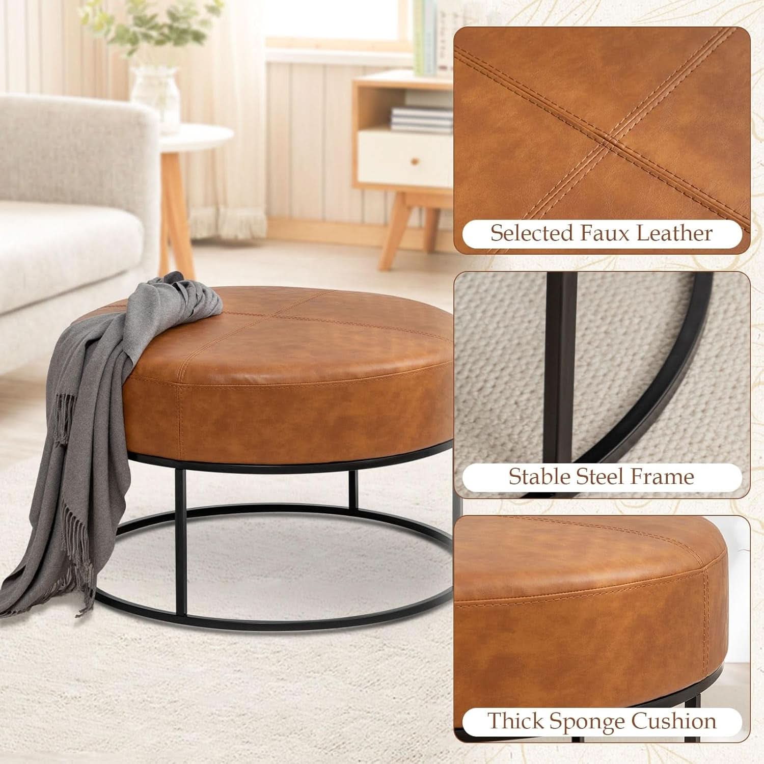 Round Leatherette Upholstered Coffee Table Midnight Brown-3
