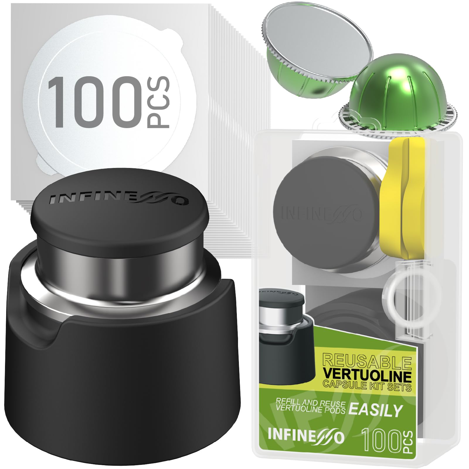 Infinesso Reusable VertuoLine Pod Refill Kitfor Faster Seal Reusable N*espresso VertuoLine Pods100pcs Aluminum Foil Lids for Refillable N*espresso Pods VertuoLine