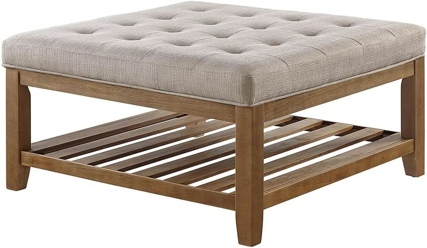 Large Upholstered Tufted Linen Ottoman Coffee Table-3
