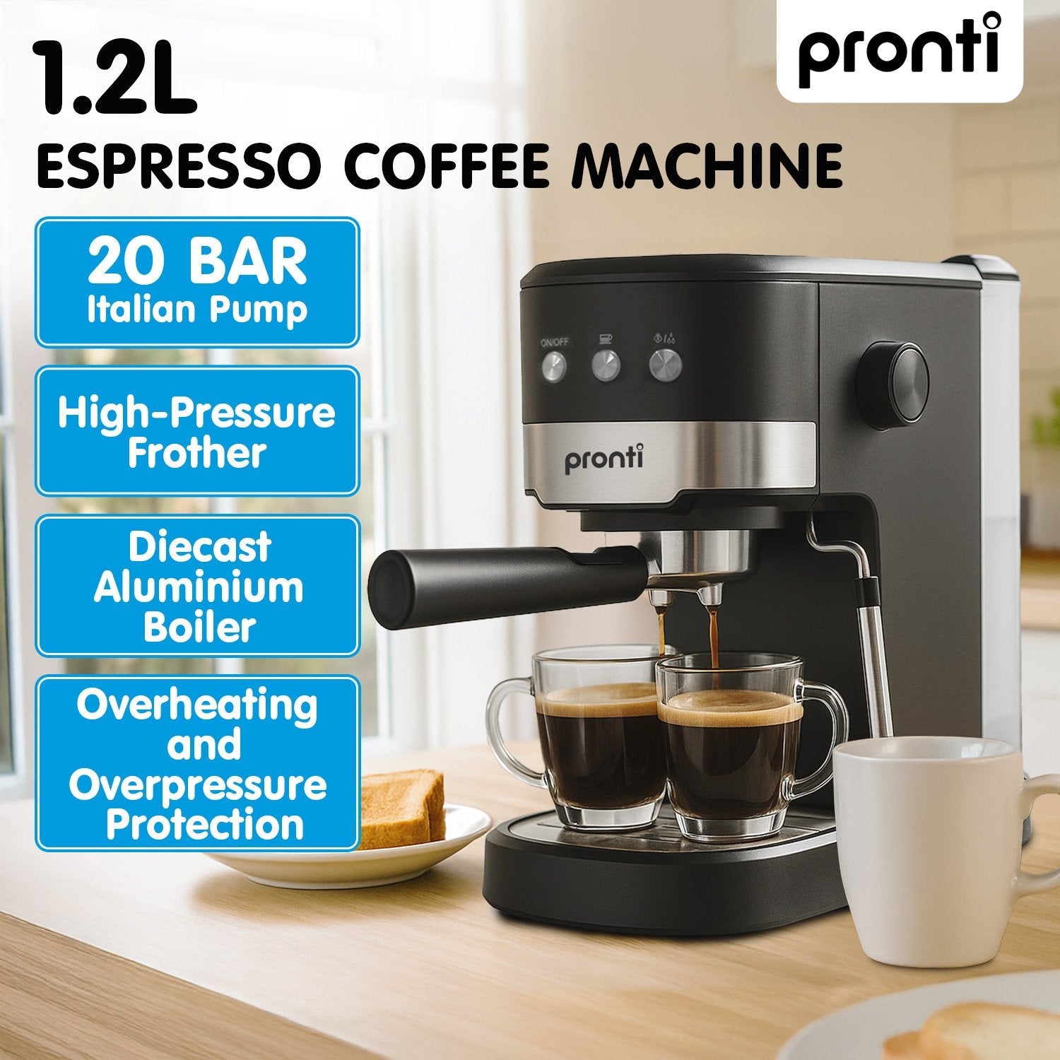 Pronti CM-850D Coffee Machine 20 Bar Espresso Maker with Milk Frother and 1.25L Tank-1