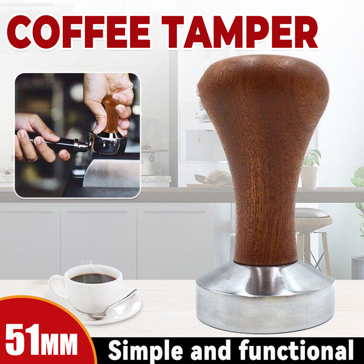 51mm Coffee Tamper Aluminum Alloy Base Wooden Handle for Espresso Machine-0
