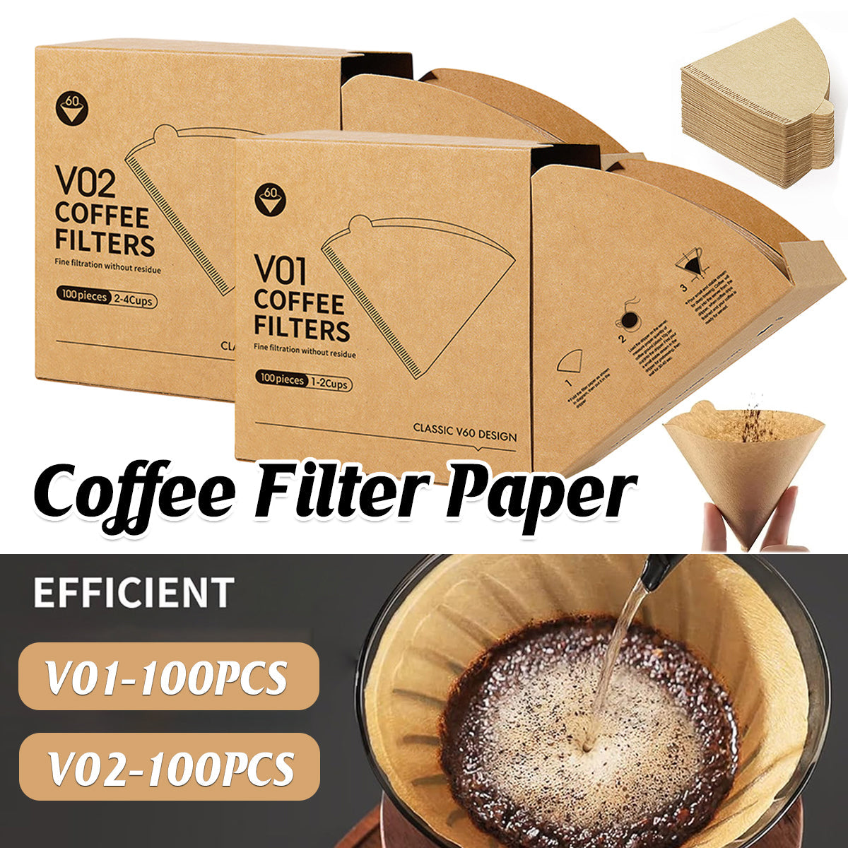 100PCS Coffee Filter Paper Drip Cone Funnel Handmade Filters for Coffee Machine - V02-100PCS-0