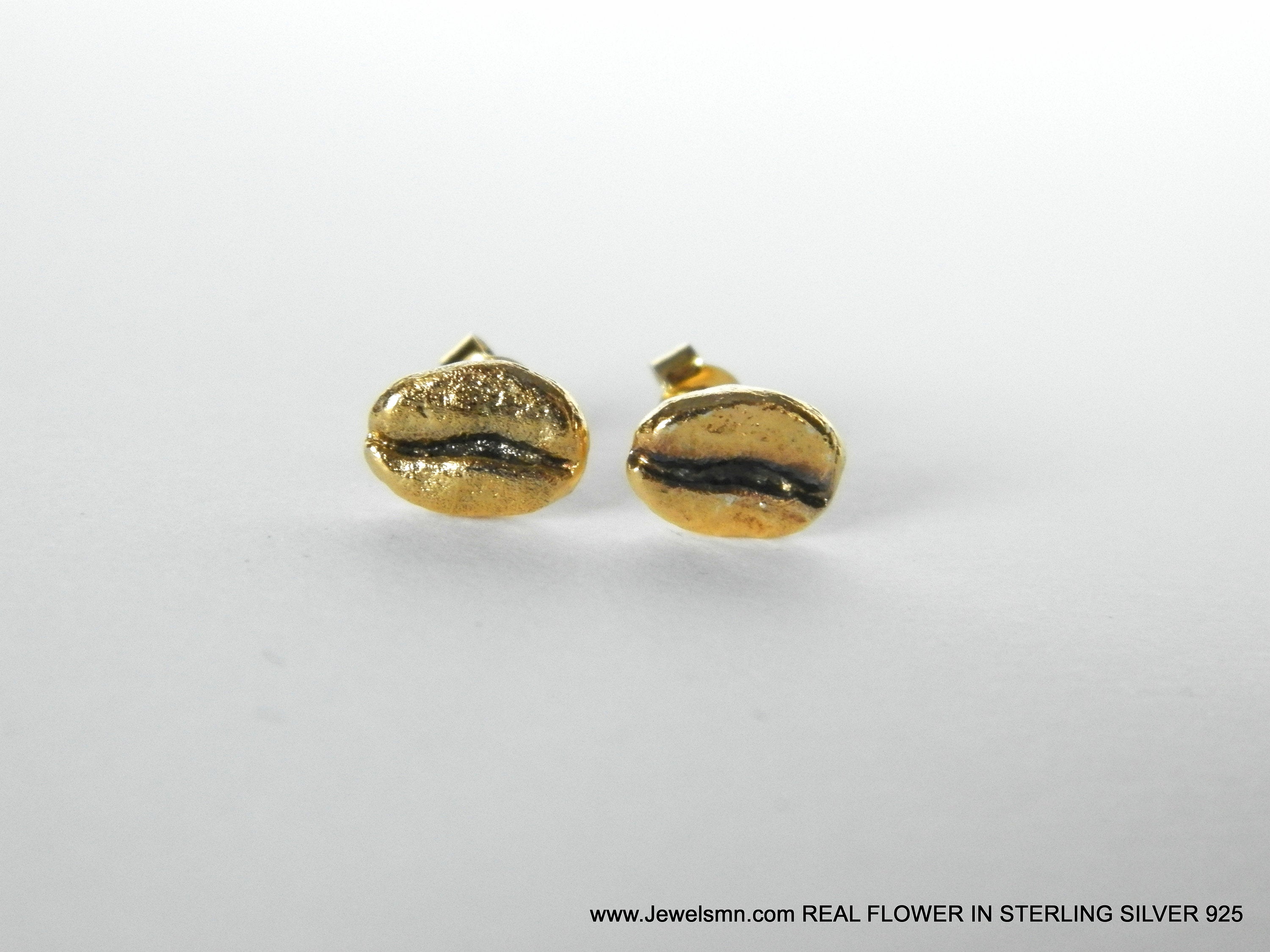 Gold-Plated Coffee Earrings, Gold-Plated Jewelry, Brass Studs, Coffee Bean Charm, Unique Gift Idea-1