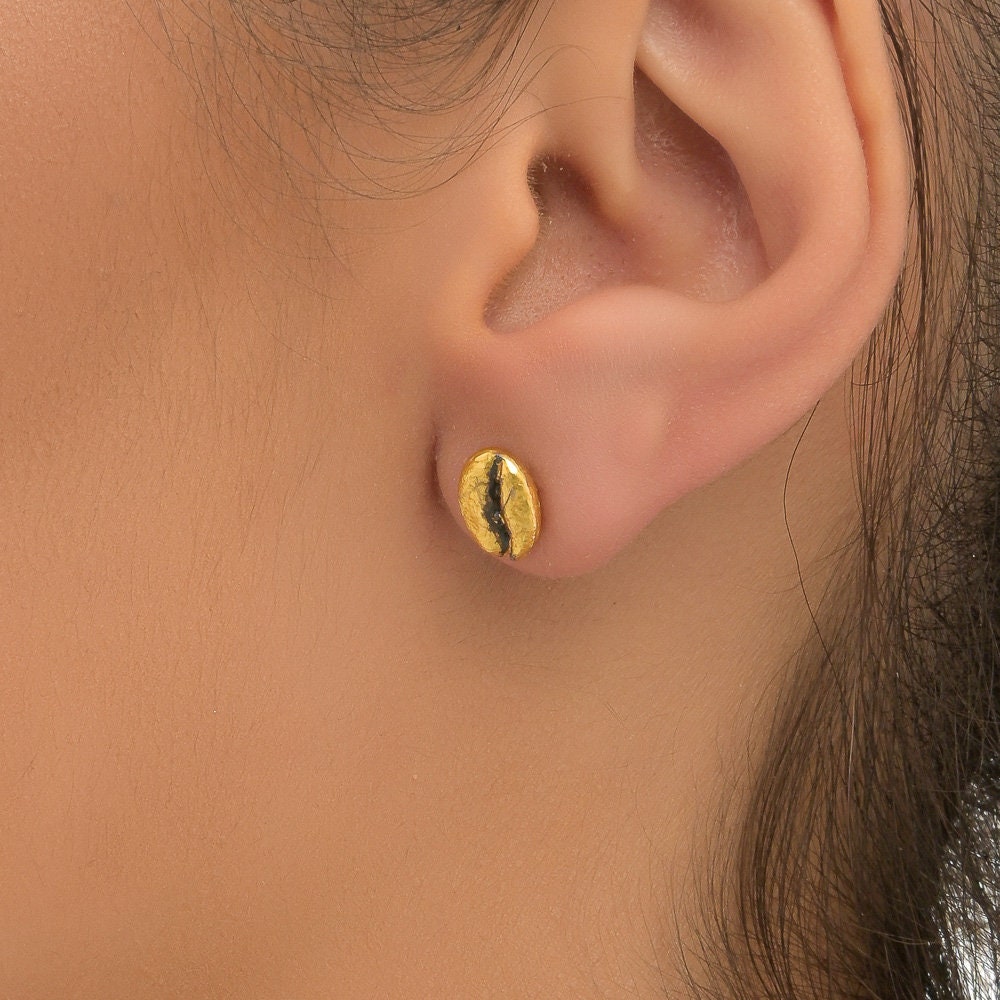 Gold-Plated Coffee Earrings, Gold-Plated Jewelry, Brass Studs, Coffee Bean Charm, Unique Gift Idea-0