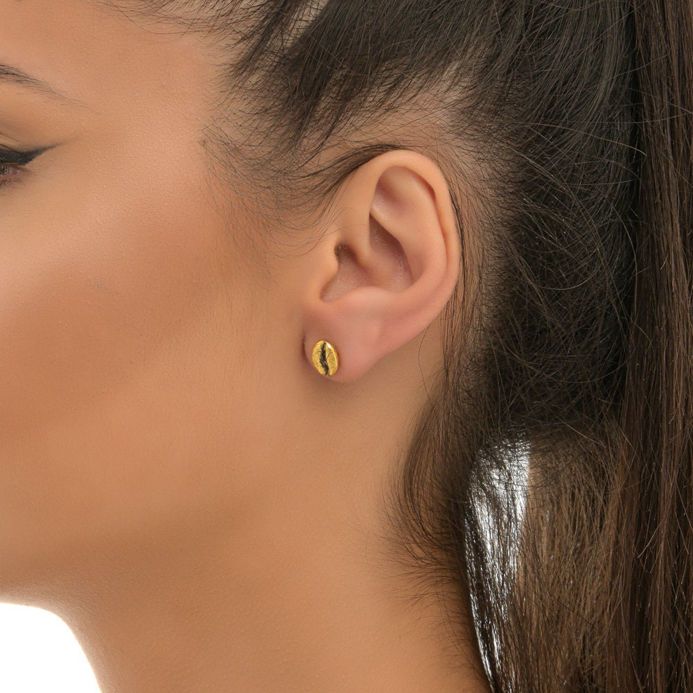 Gold-Plated Coffee Earrings, Gold-Plated Jewelry, Brass Studs, Coffee Bean Charm, Unique Gift Idea-2